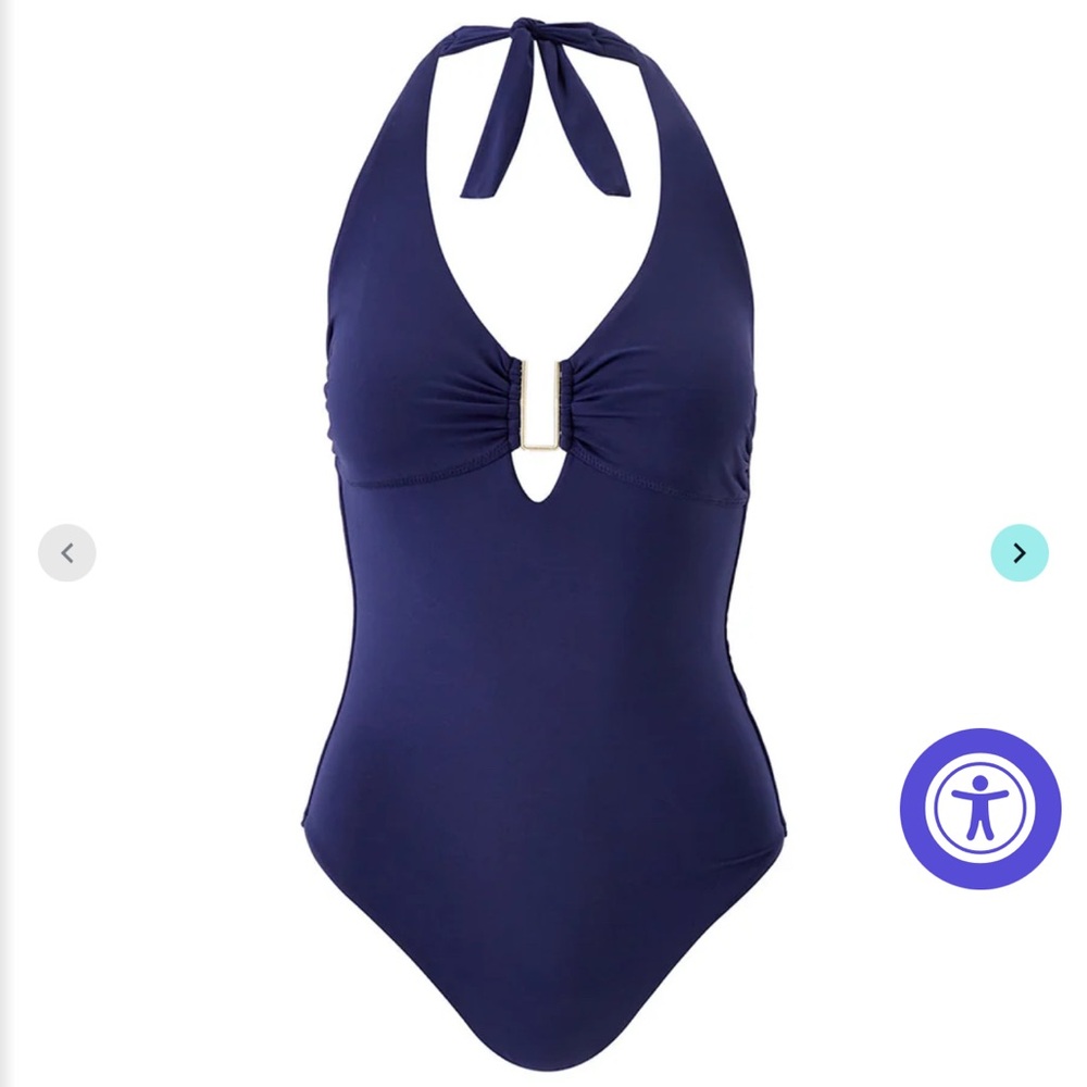 Melissa Odabash Navy Blue Halter One-Piece Swimsuit with decorative metal ring.